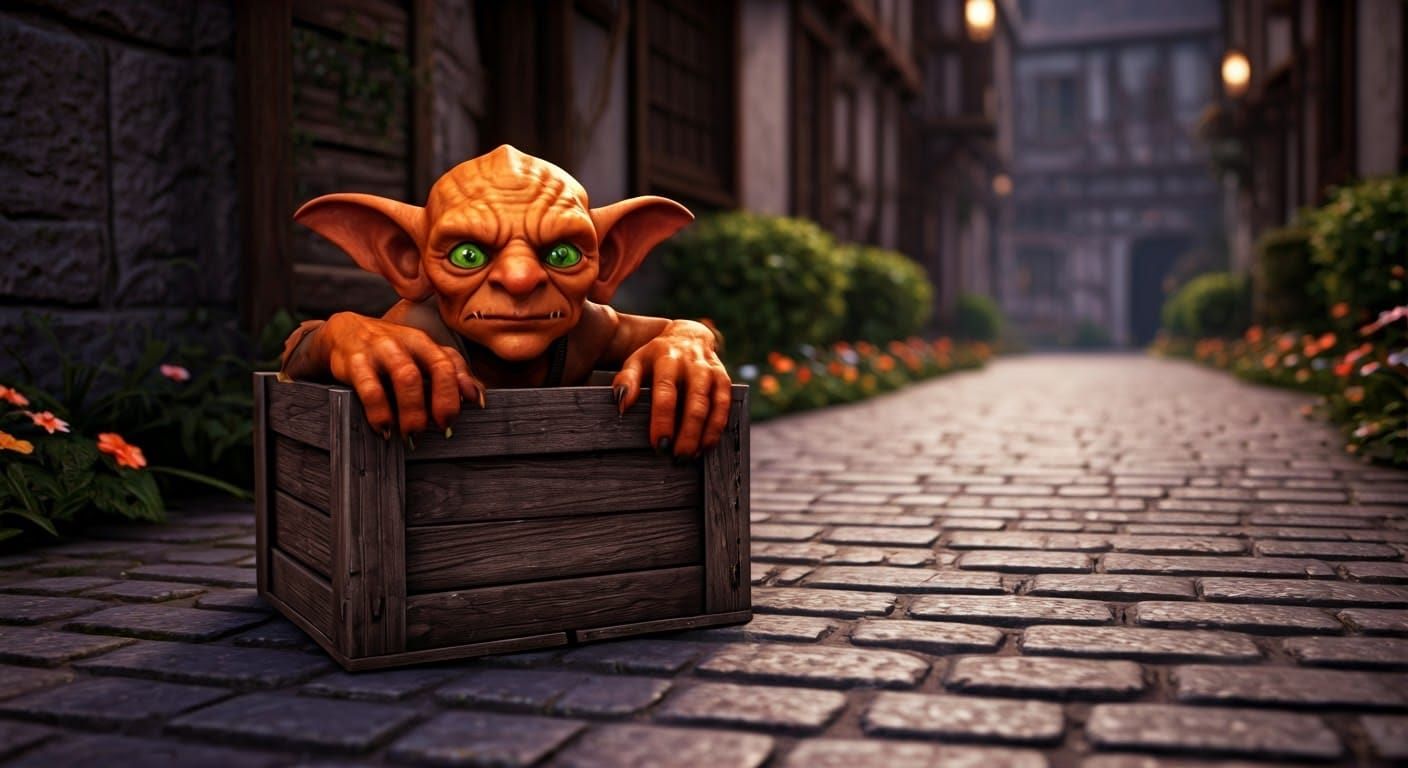 Goblin in a Colorful Medieval Crate Scene