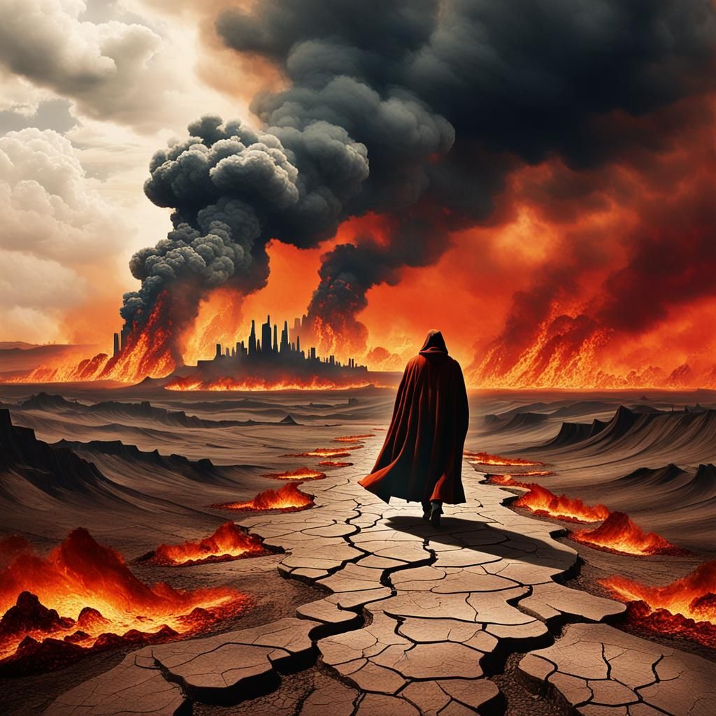 Surrealist Apocalypse: Lonely Figure Fleeing Inferno