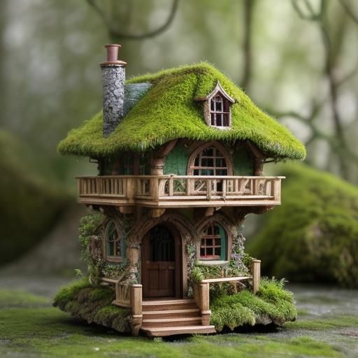 Whimsical Woodland Miniature: Delicate Moss-Covered Tree Hou...