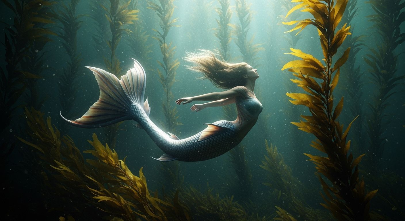 Cinematic Mermaid Diving Through Seaweed