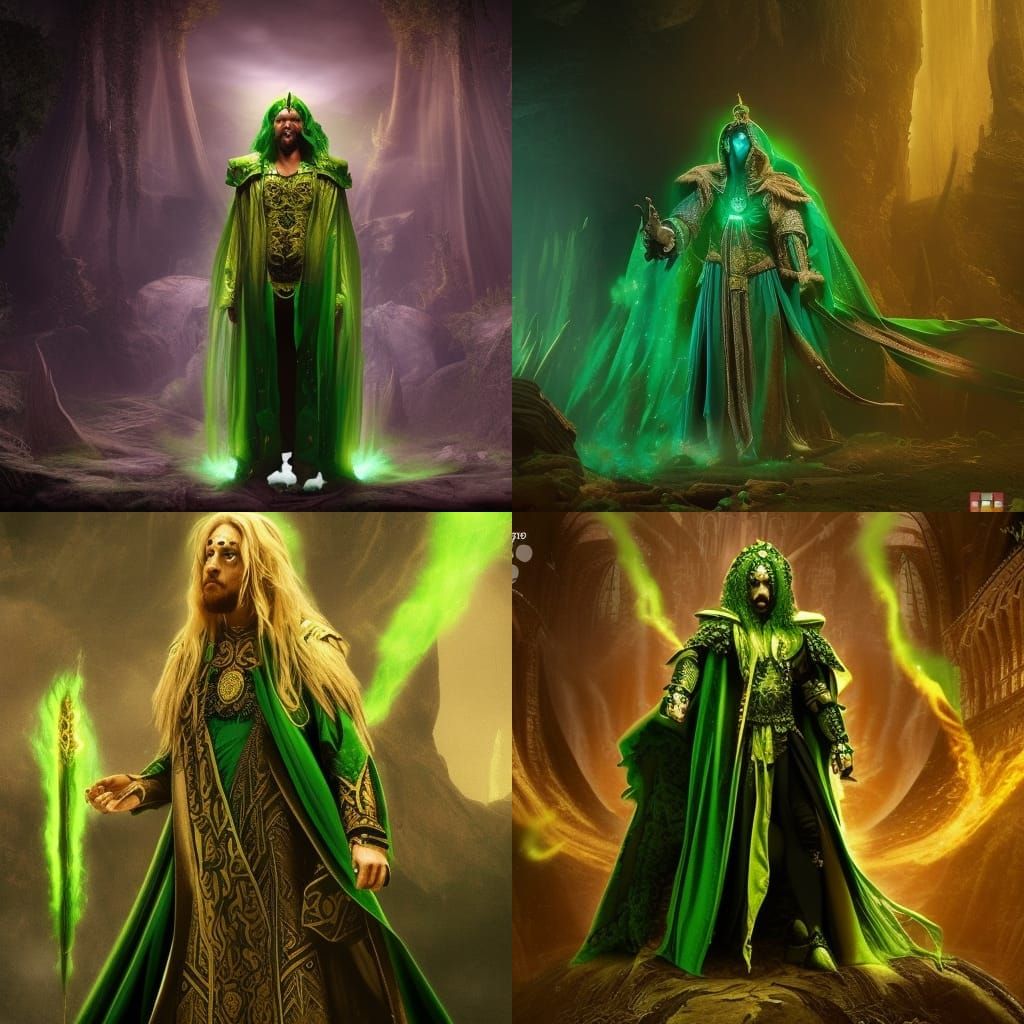 rpg sorceror wearing green and gold robe using acid magic an...