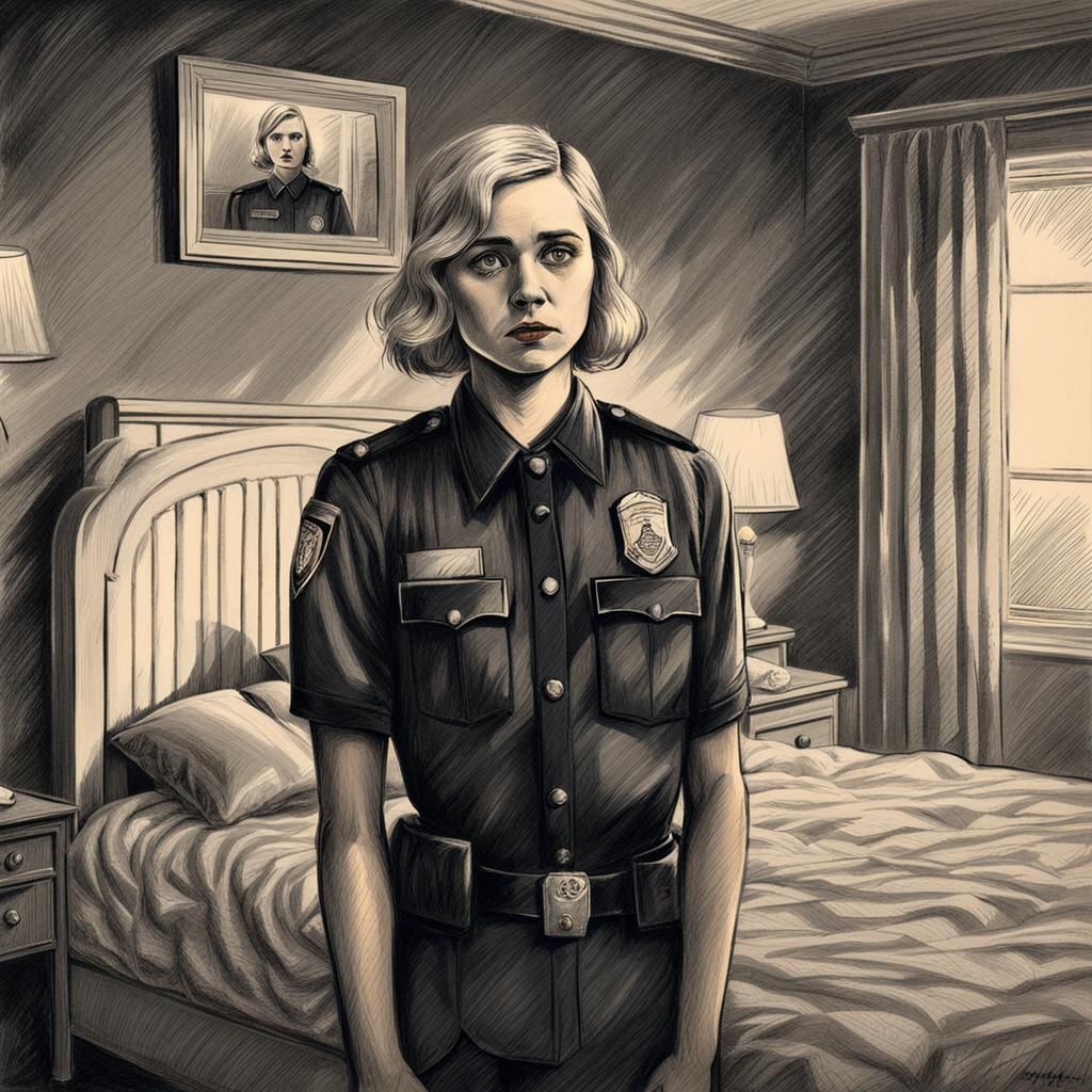 1920s Police Woman in Bedroom, a Haunting Charcoal Drawing