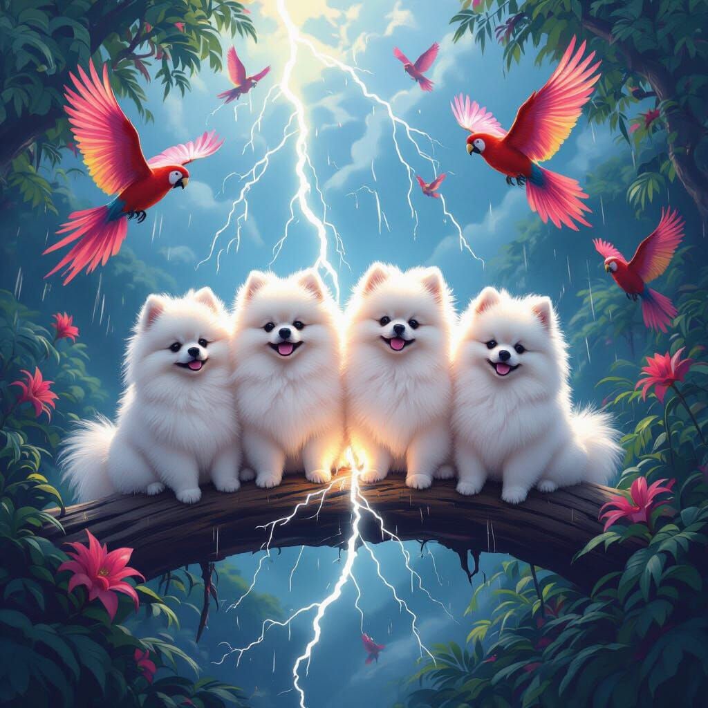 Pomeranians on Lightning Amidst Jungle Storm
