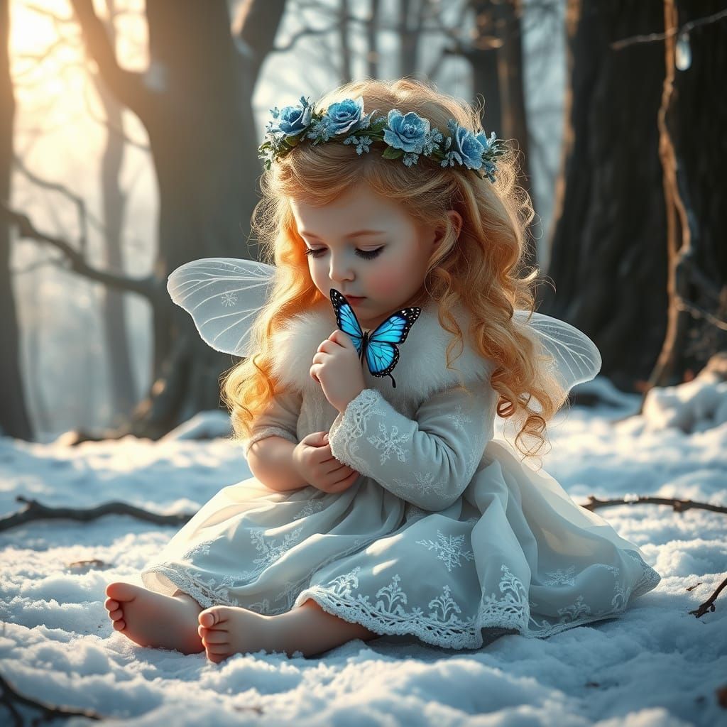 Dreamlike Baby Girl in Snowy Forest with Delicate Wings and ...