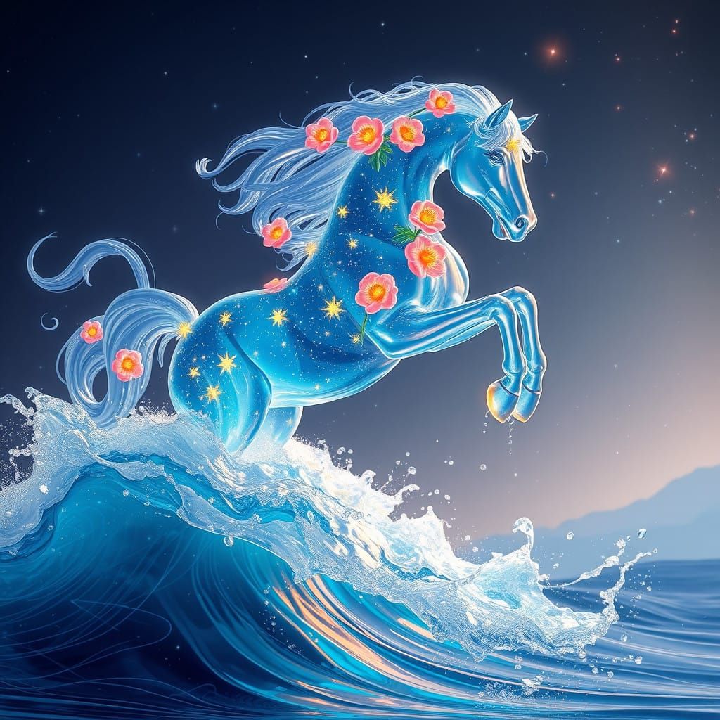 Glass Horse Leaps Under Starry Night Sky in Whimsical, Dream...