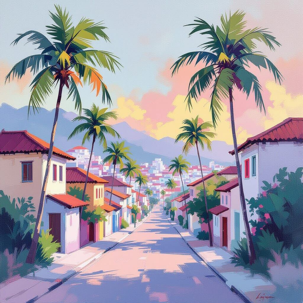 Exotic Cityscape with Neon Accents as Oil Painting