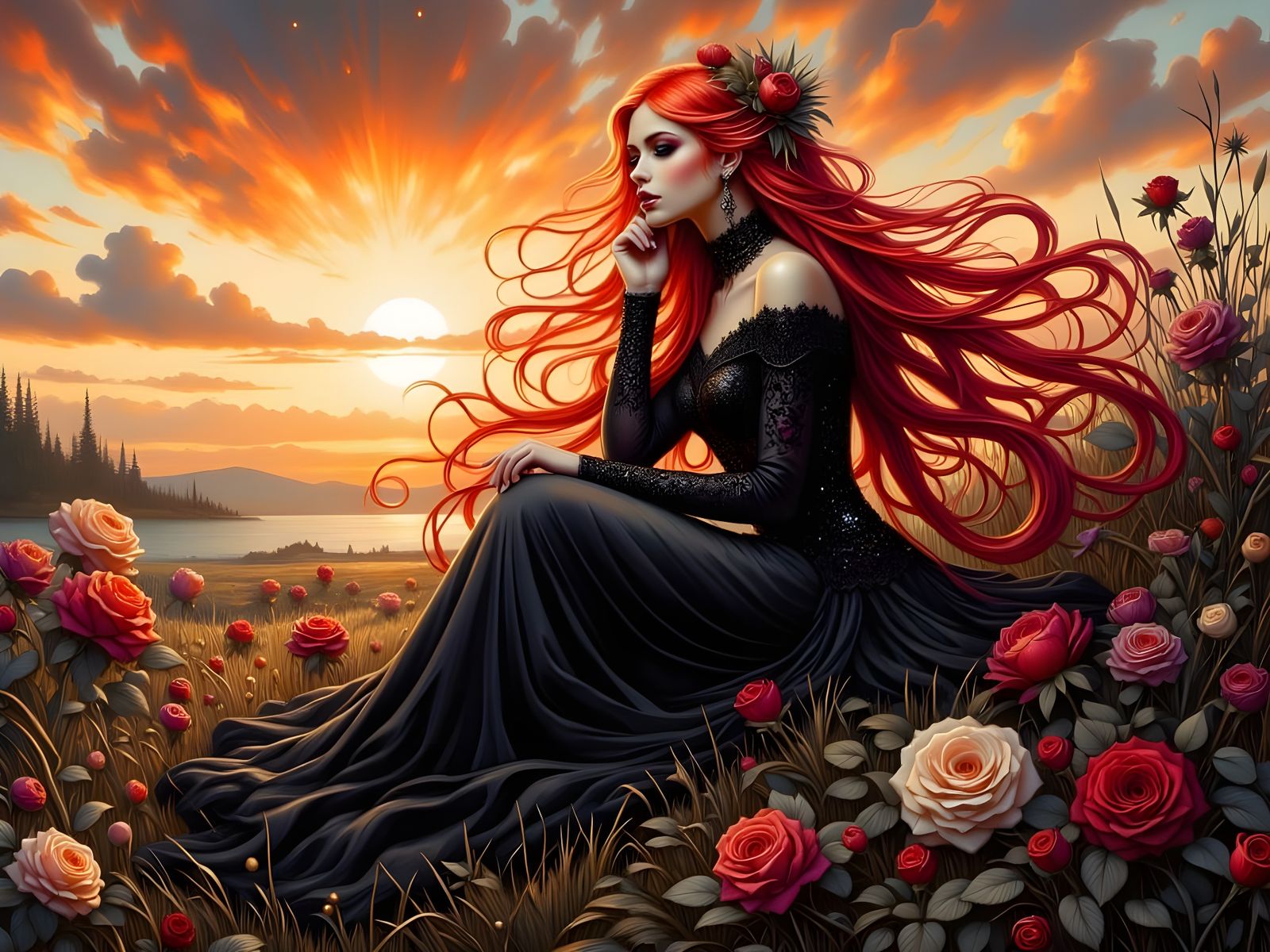 Norse Goddess in Red and Black Charcoal Sketch