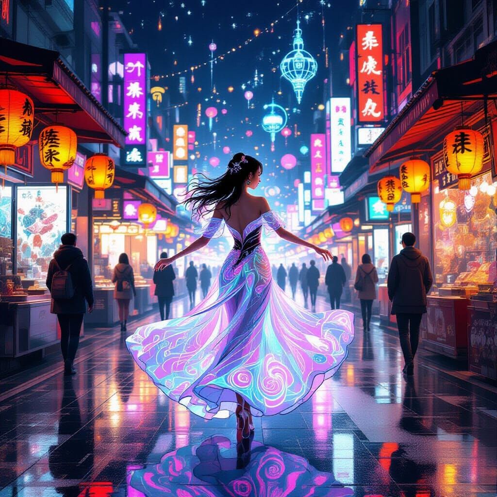 Cyberpunk Dancer in Neon Night Market