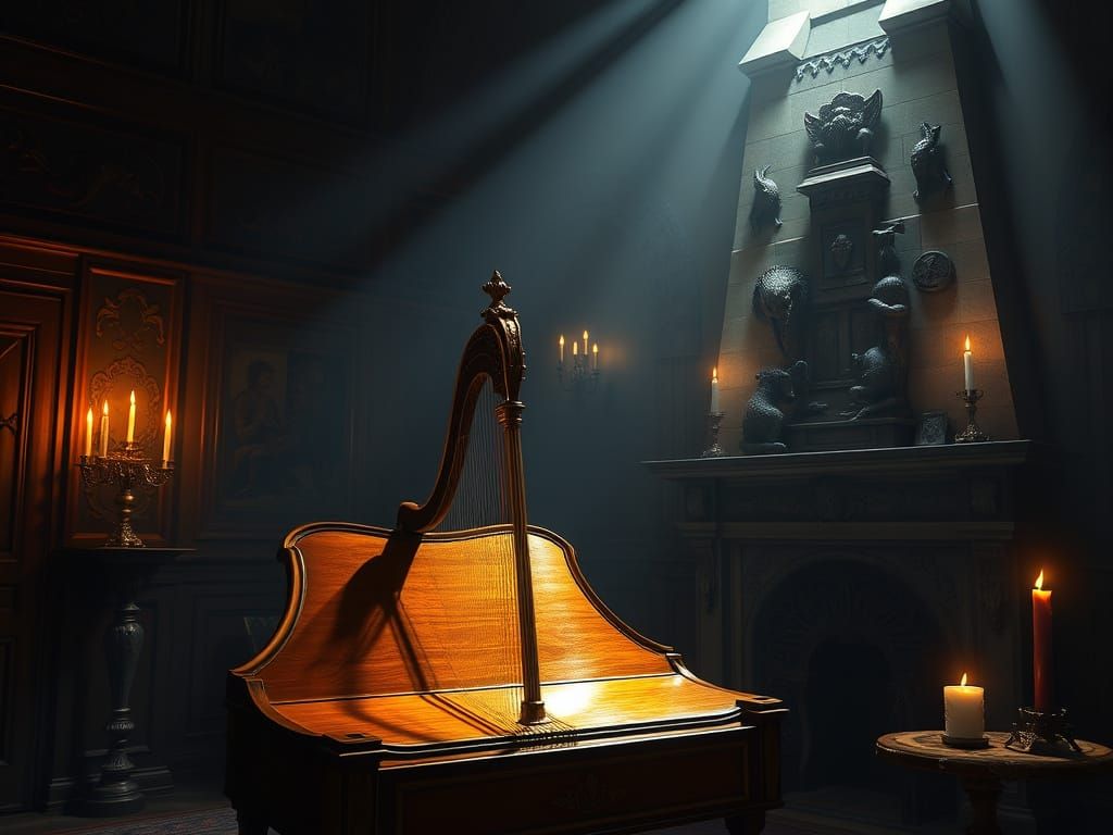 Ethereal Harpsichord in Lavish, Dimly Lit Chamber