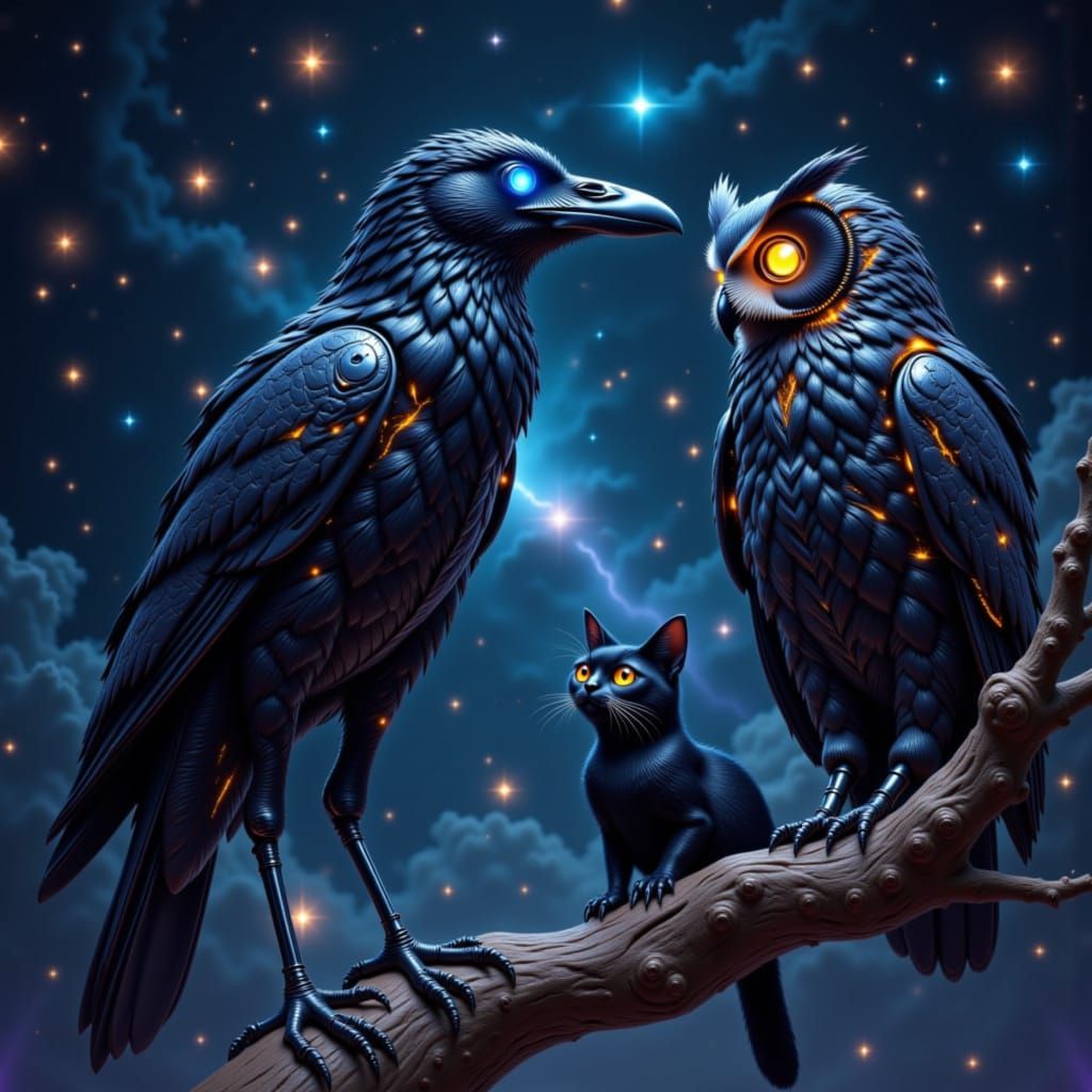 Cyborg Raven and Owl in Starry Nebula