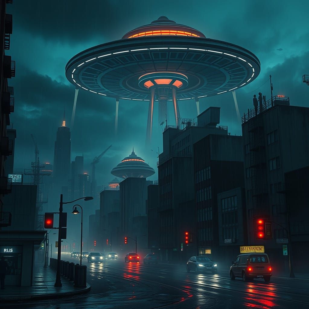 Dystopian Metropolis: UFO in Dark Cyberpunk Cityscape