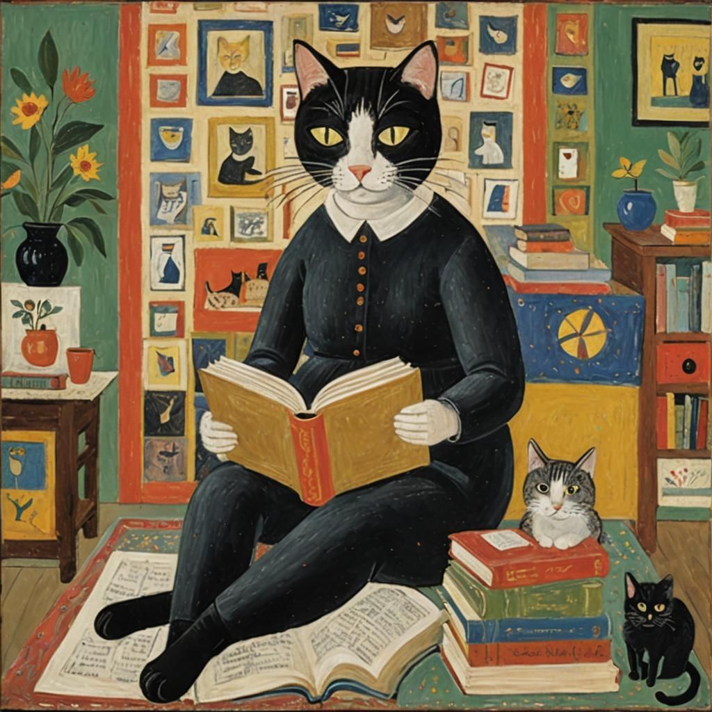 Feline Bibliophile in Whimsical Illustration