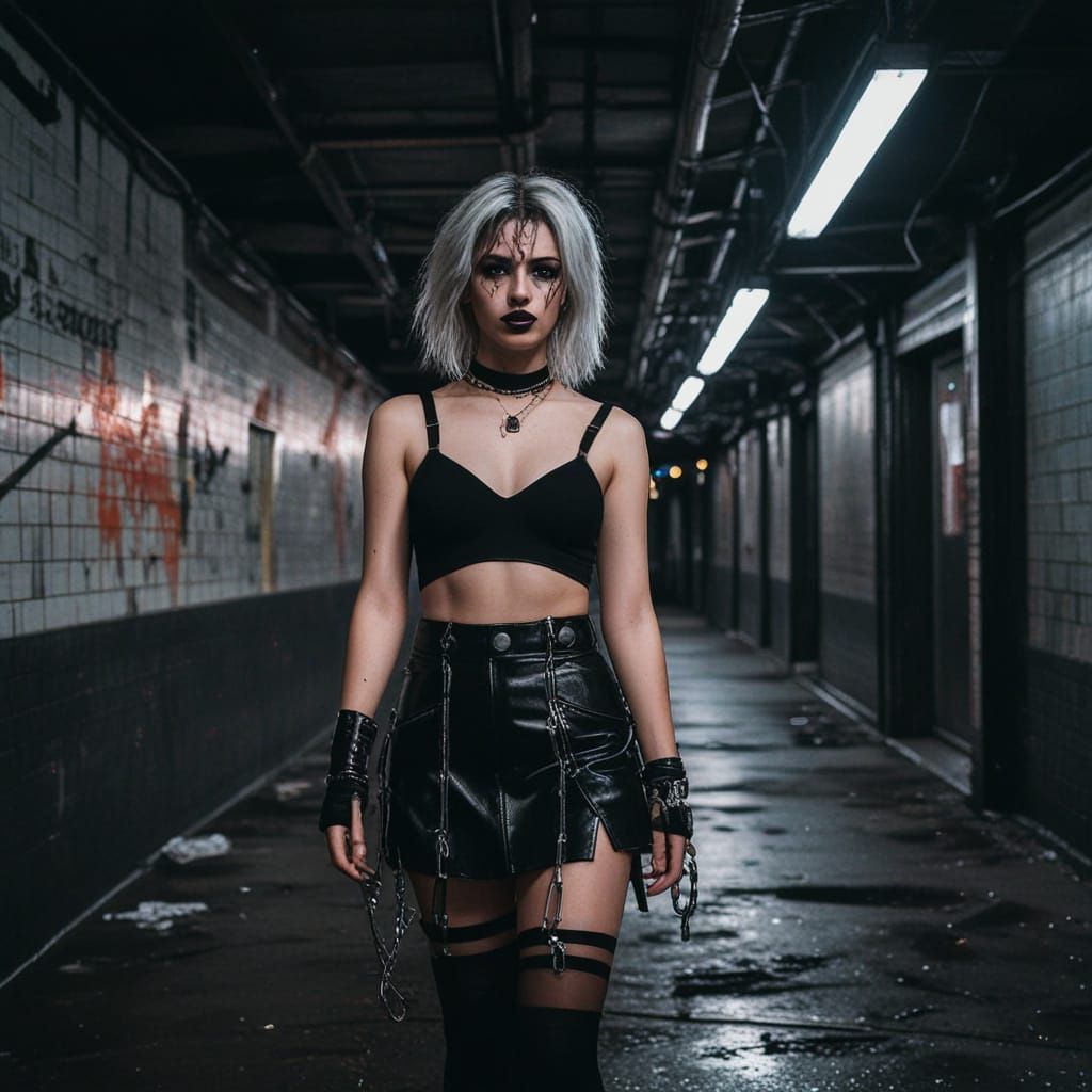 Cyberpunk Goth Raver in Abandoned Subway Station