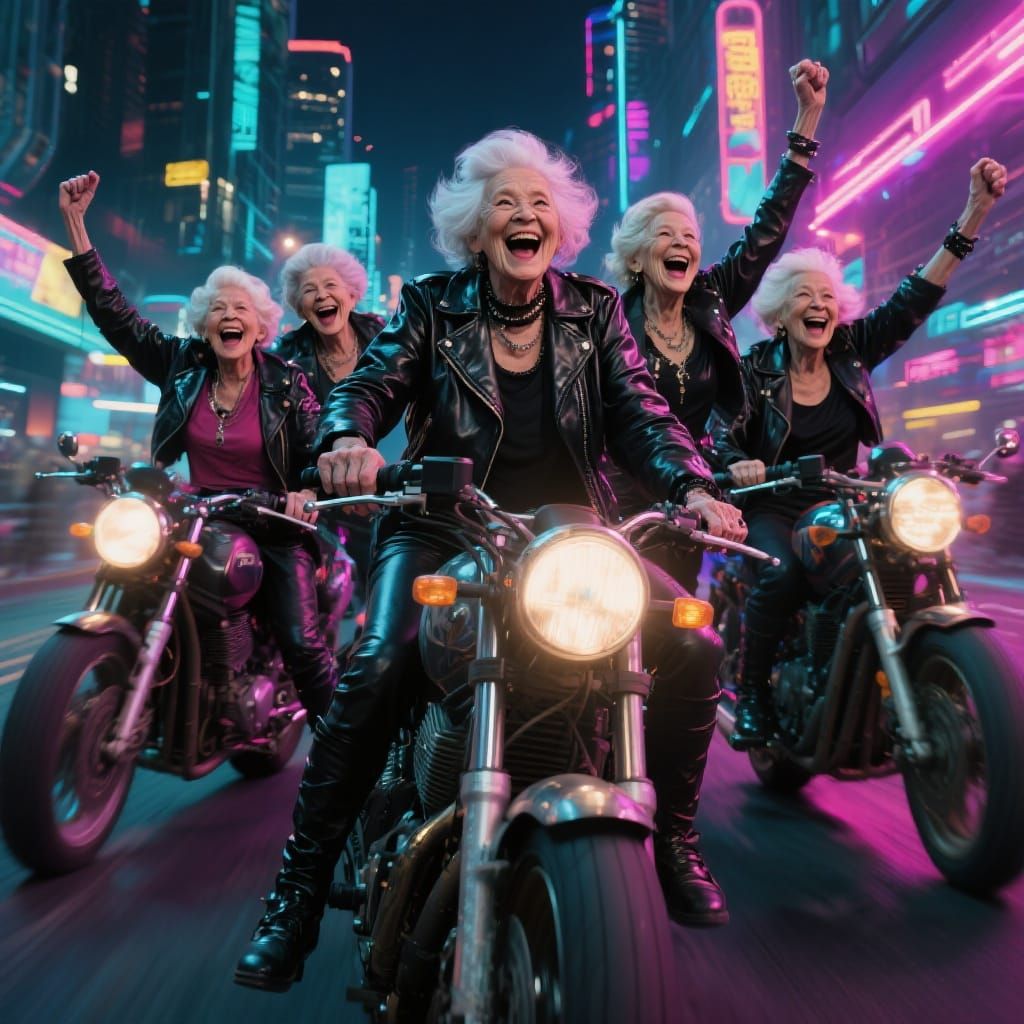 Elderly Women Motorcycle Gang in Cyberpunk City