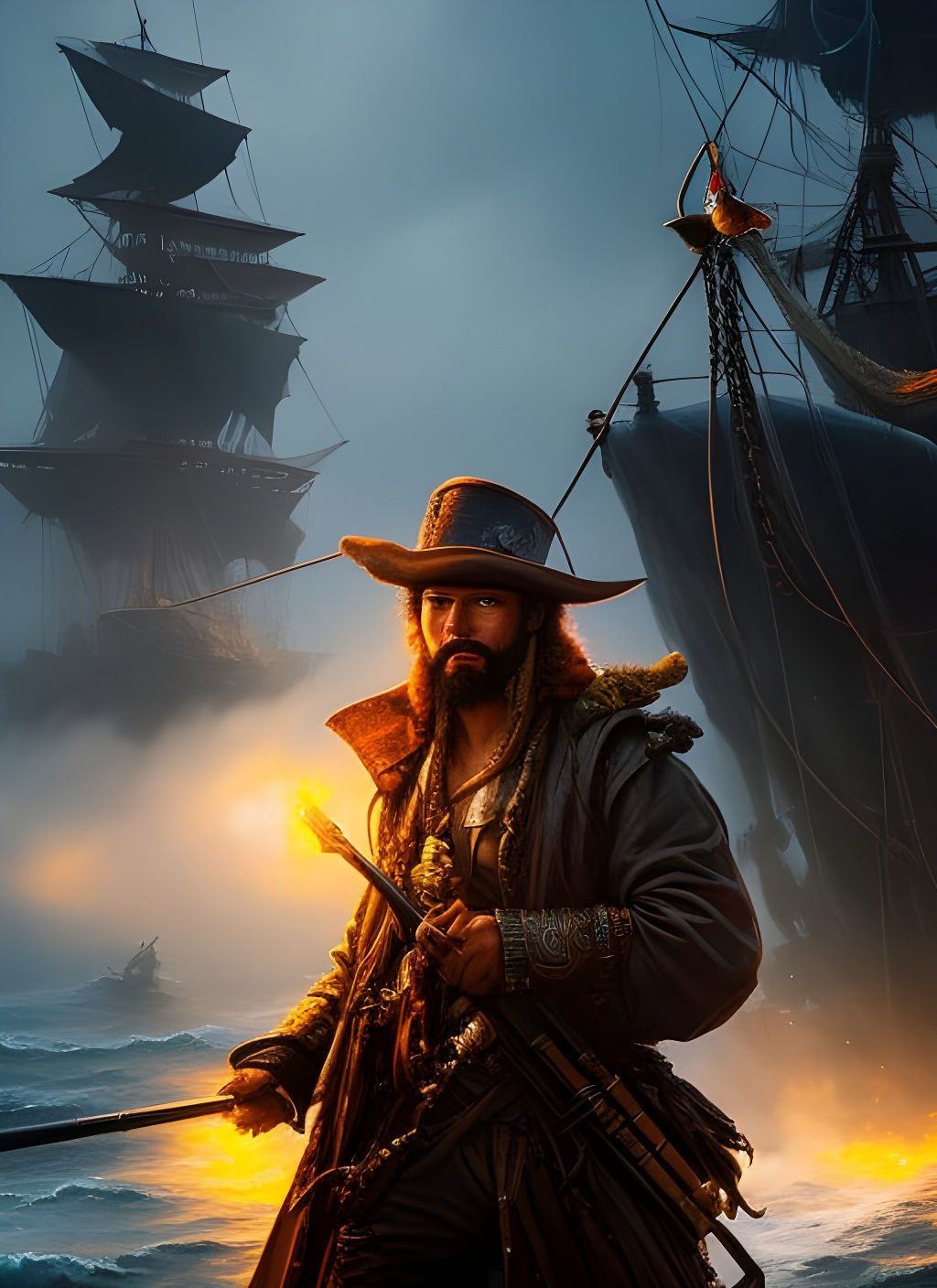 Mist-Shrouded Pirate Deckhand on Stormy Seas