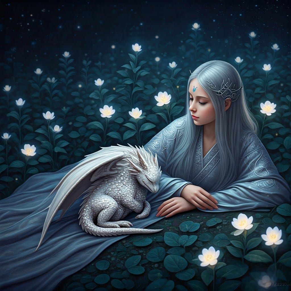 Mystical Girl with Dragon in Ethereal Moonlight