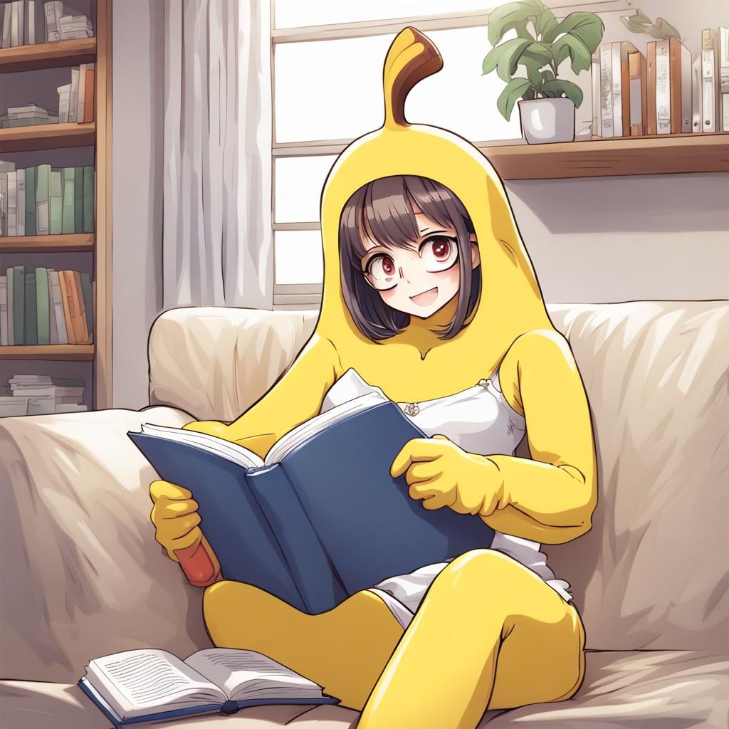 Girl in Banana Costume Reads Manga at Home in Anime Style