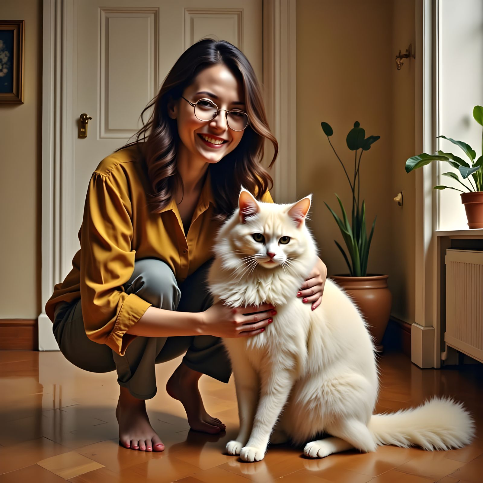 Woman in Warm, Loving Moment with Her White Persian Cat