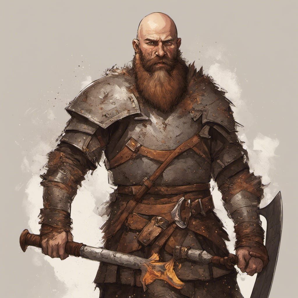 Bald Barbarian Warrior in Half-Plate Armor Wields Flame Grea...