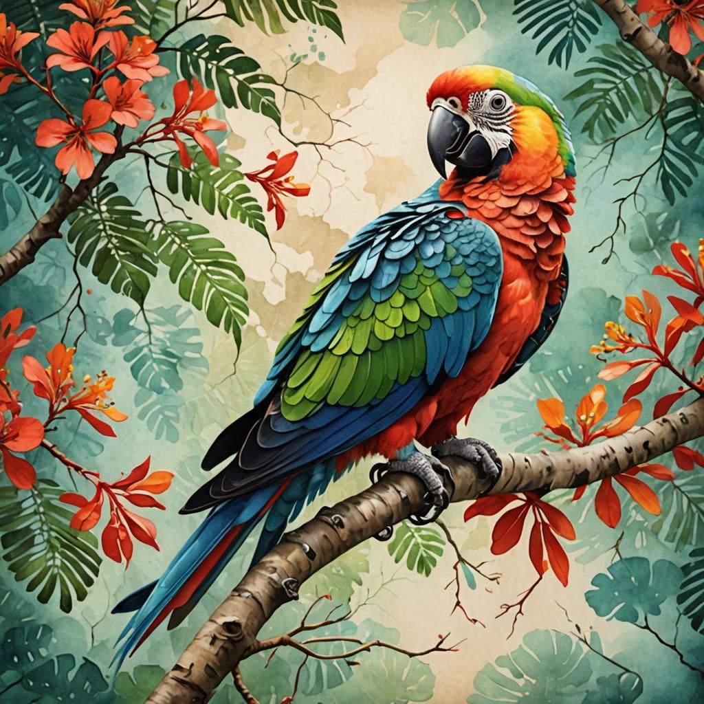 Whimsical Parrot perches on a Royal Poinciana branch in 3D M...