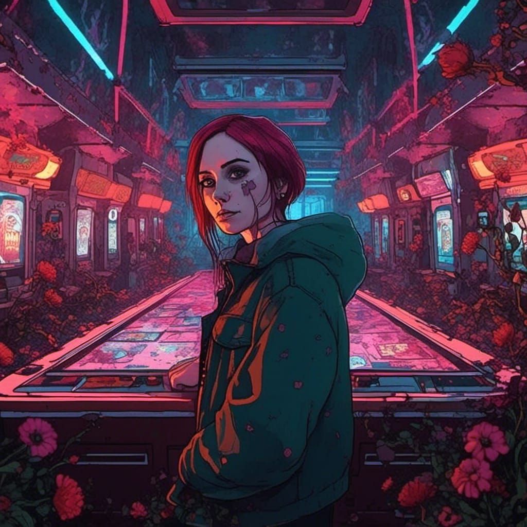 Girl in Dark Arcade Surrounded by Twisted Flowers, Playing C...