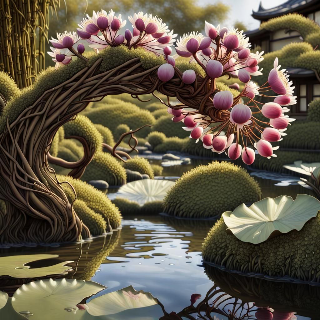 Ancient Blossoming Branch in Japanese Garden