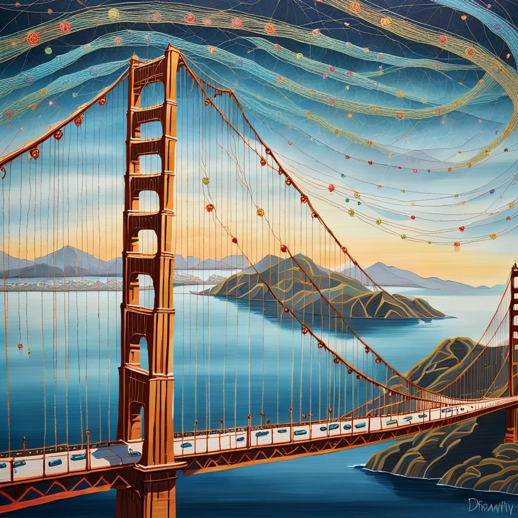 Famous landmarks like the Leaning Tower of Pisa or the Golden Gate Bridge, intricately made with string.