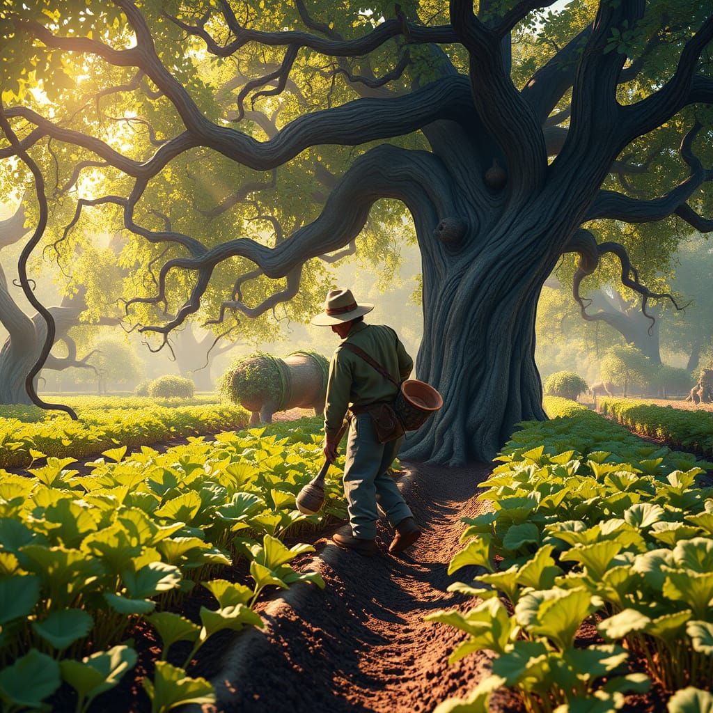 Farmer Tends Lush Turnip Crop in Mystical Garden