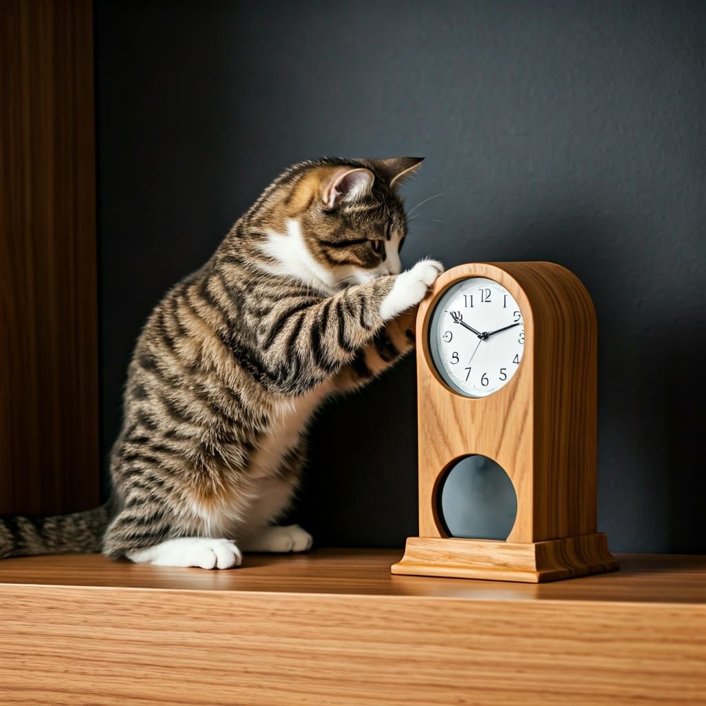 A cat slowly pushing a clock off a shelf