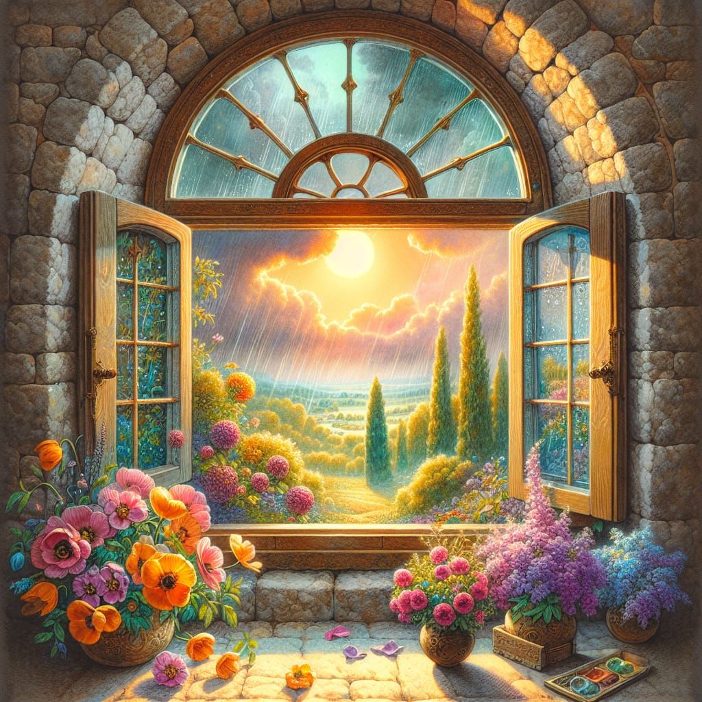 Arched Window to Spring Garden, Watercolor Art