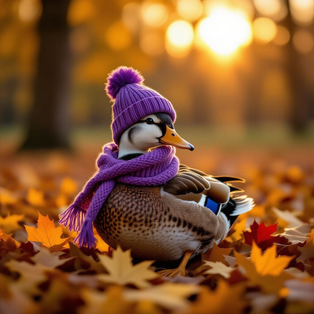 Duck in Purple Hat on Autumn Leaves, Golden Hour Light