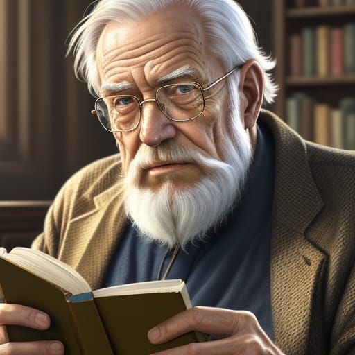 Old Man Reading Book in Vibrant Oil Painting Style