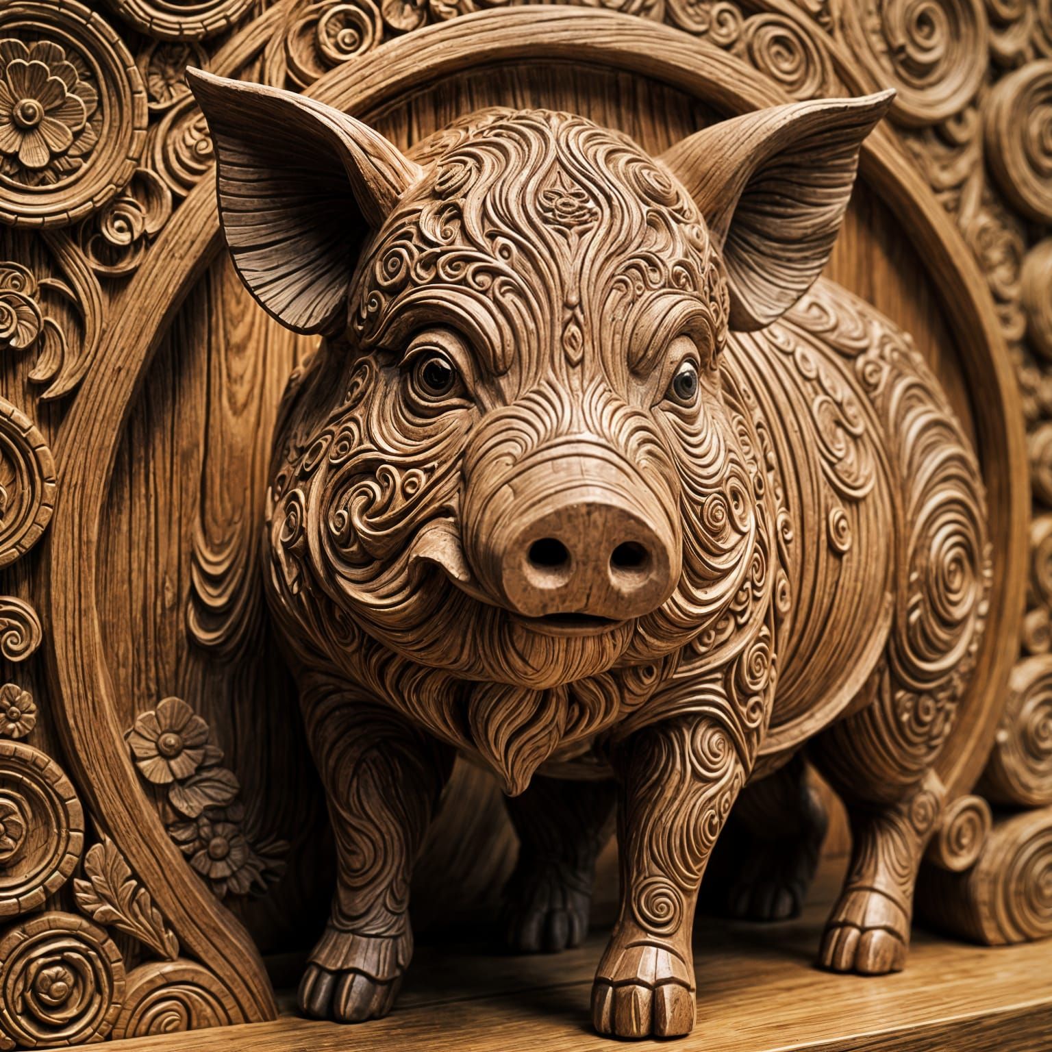 Detailed Wooden Sculpture of a Pig