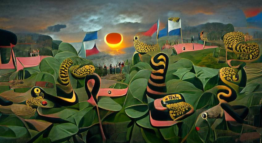 Alien Wasteland Scene with Snakes and Sunset