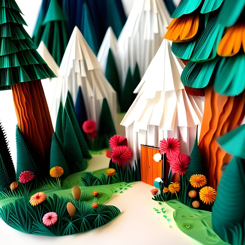 Whimsical Origami Forest Scene with Cozy Cabin and Fantasy C...