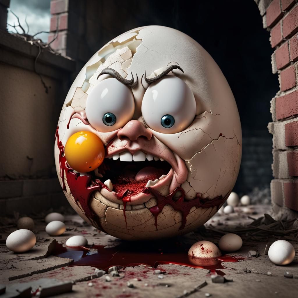 Humpty Dumpty as a Cracked Egg Lying on the Ground with Guts, Blood and Viscera Oozing Out of Him