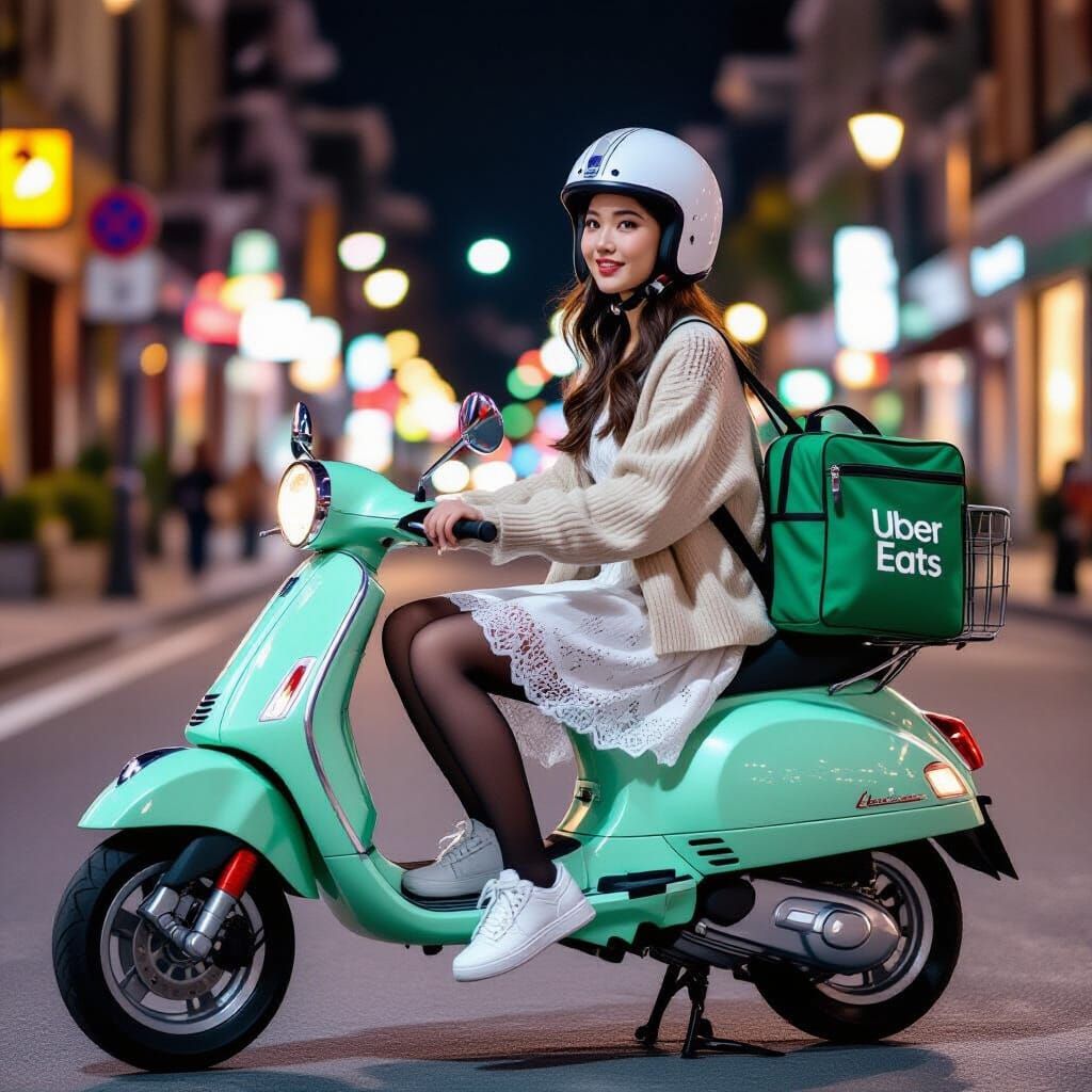 East Asian Woman on Vespa at Night