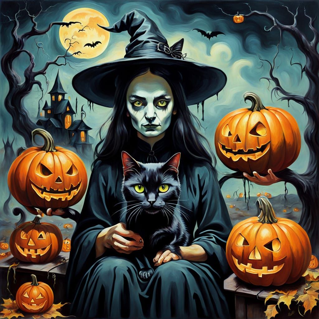 Surreal Halloween Witches with Black Cat and Pumpkins