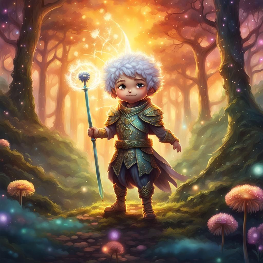 Enchanted Chibi Dandelion Fairy with Foil Sword in Sunset Fa...