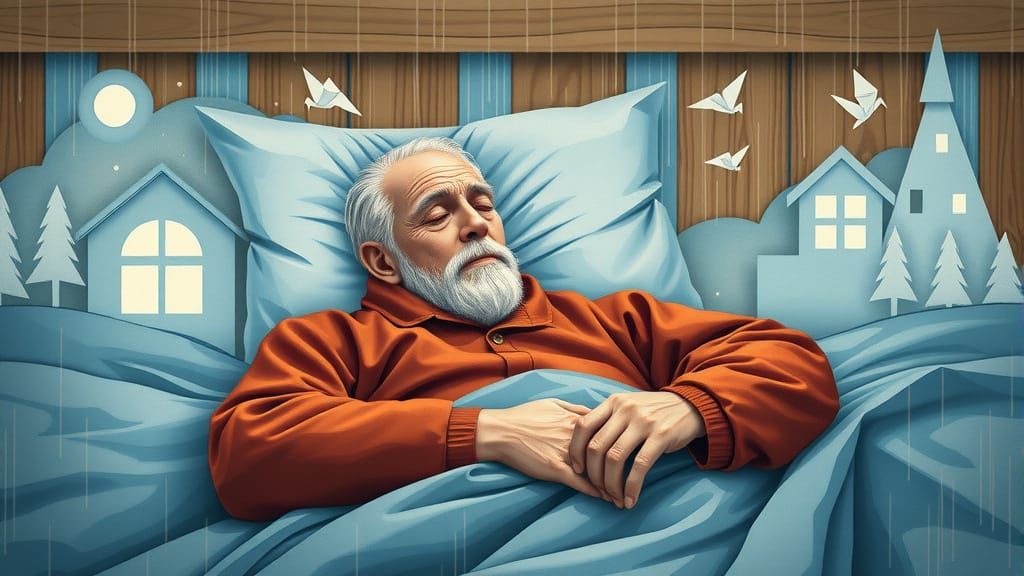 Old Man Surrounded by Whimsical Rain Scenes in Delicate Wate...