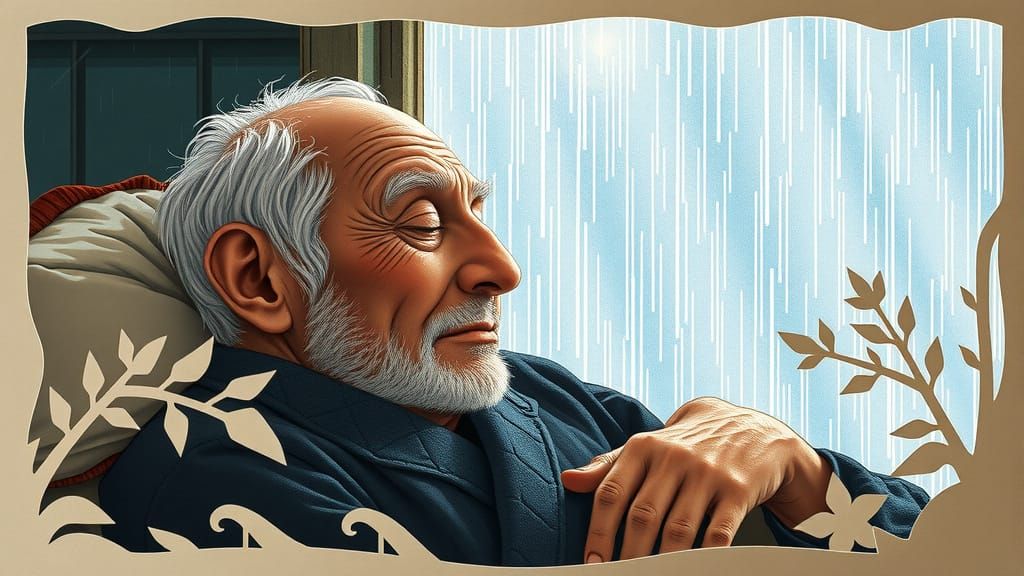 Traditional Kirigami Scene of an Old Man Sleeping with Rain ...