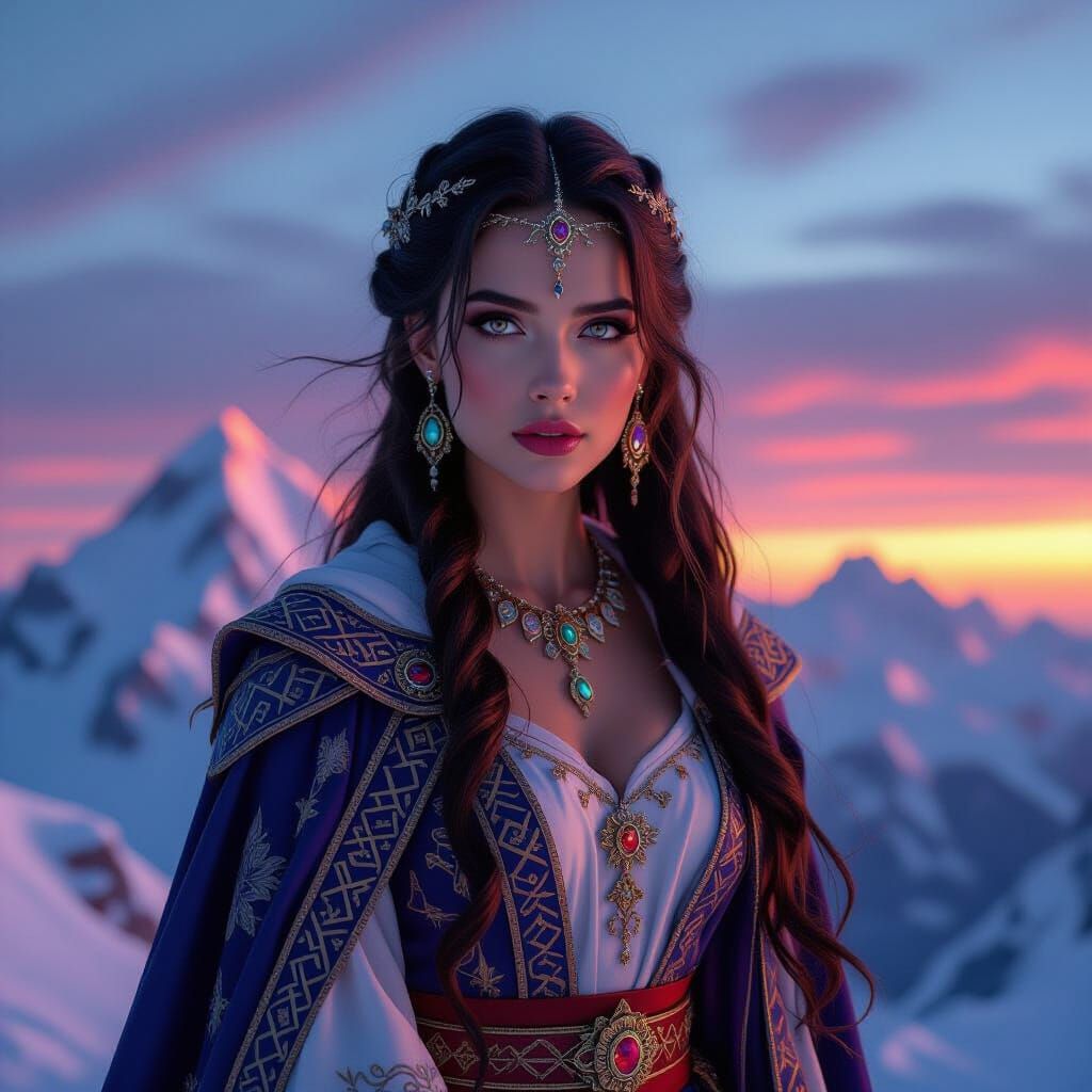 Sorceress on Snowy Peak at Twilight, Art Nouveau