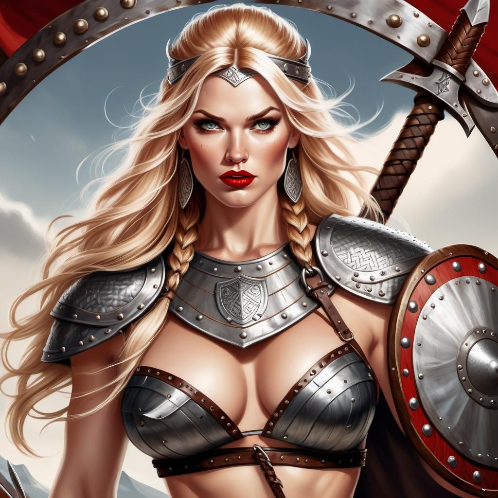 Viking Shield Maiden Pin-Up Illustration in Traditional Atti...