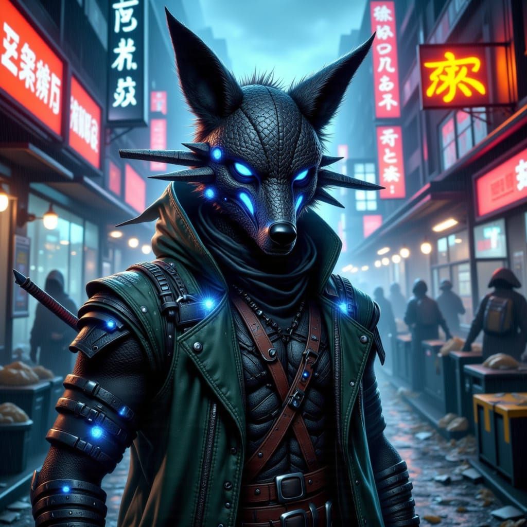 Cyberpunk Robotic Fox in Dystopian Alley