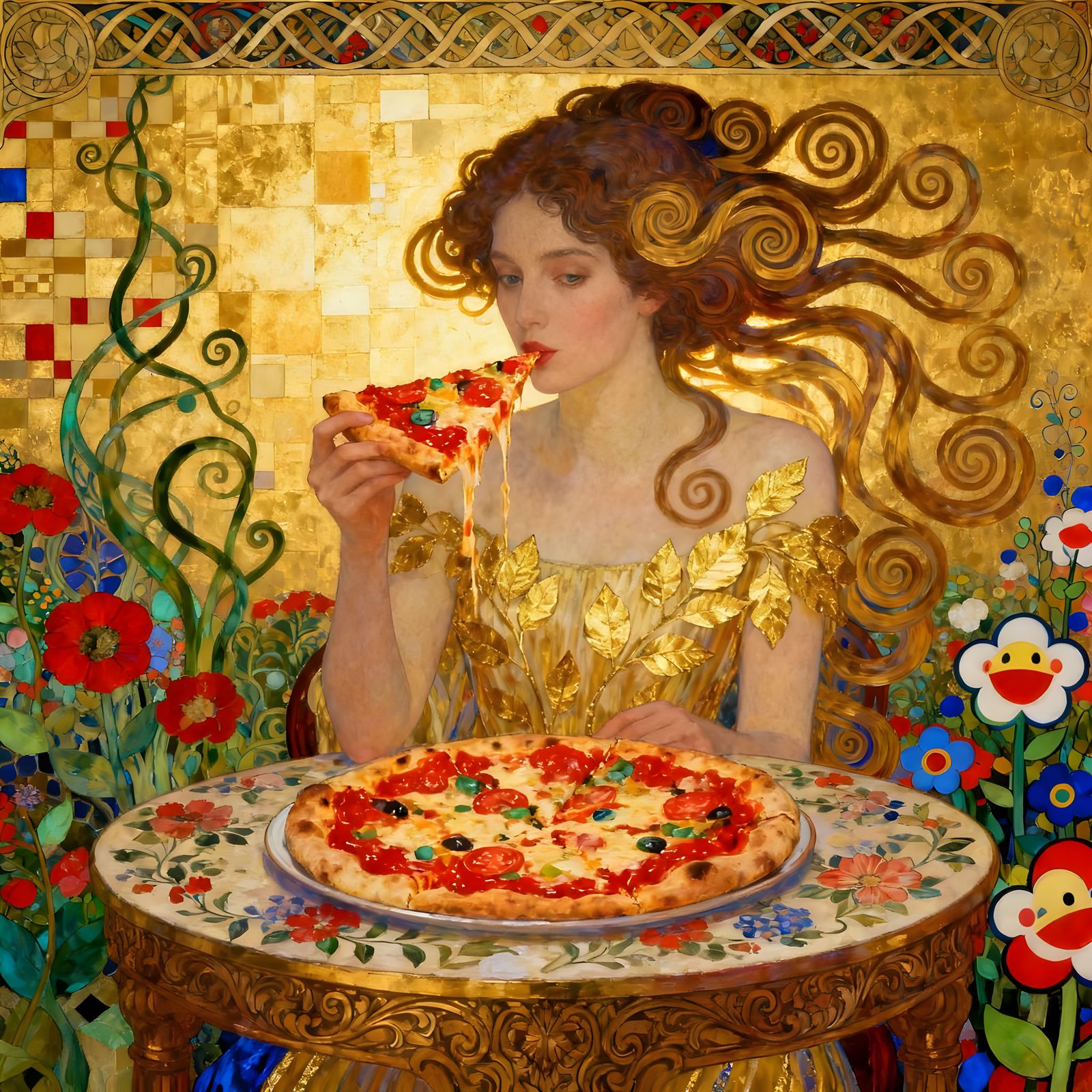 Joyful Pizza in Klimt Style
