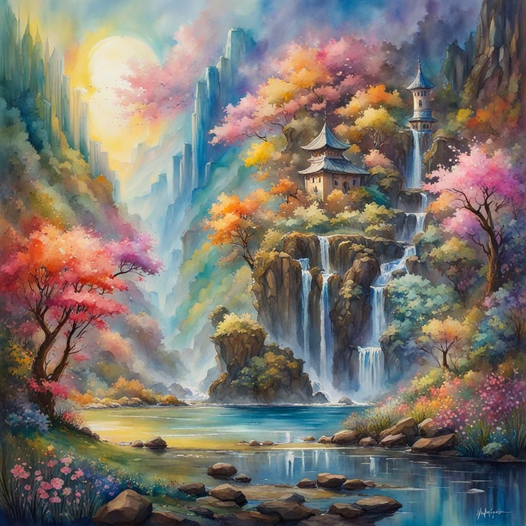 Whimsical Fantasy Landscape in Vibrant Watercolour Style