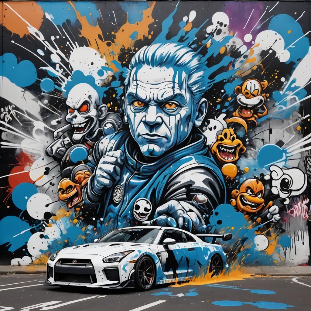 Street Art Masterpiece: Galaxy Blue GTR with Loony Toon Styl...