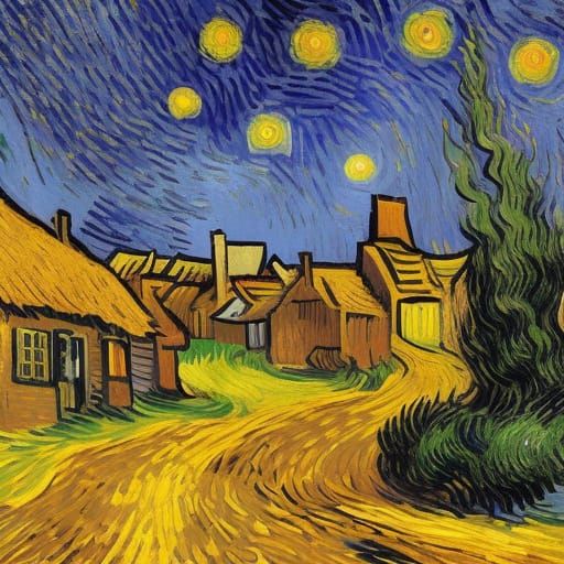 Lone Figure in Village, Van Gogh Style Impasto Painting