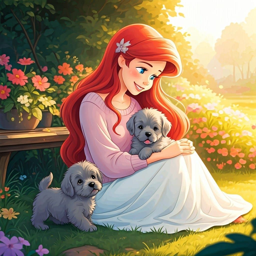 Whimsical Princess with Puppies in a Vibrant Green Yard