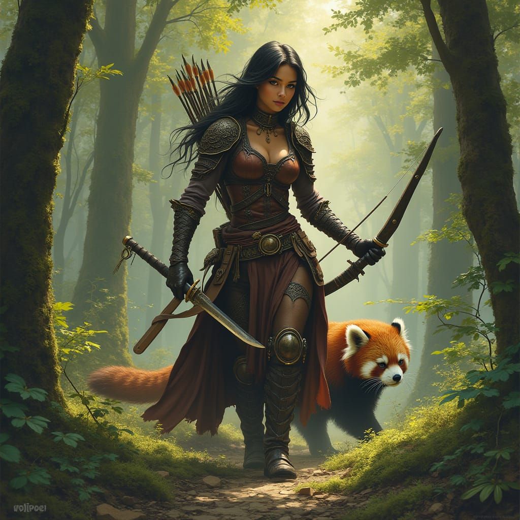 Elf Warrior Princess and Red Panda in Forest